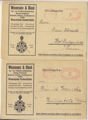 DR - Wesermünde-Fischereihafen, 2 versch. 3 Pfg. Gebühren-Freistpl. je auf