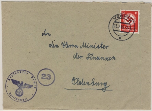 DR - 12 Hkr.-Dienst, Brief Vechta 13.2.45 n. Oldenburg - ohne Inhalt