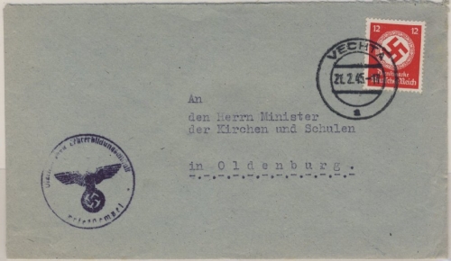 DR - 12 Hkr.-Dienst, Brief Vechta 21.2.45 n. Oldenburg - ohne Inhalt