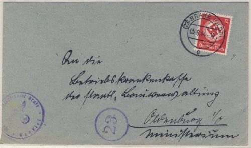 DR - 12 Hkr.-Dienst, Brief (23) Brake 5.8.44 n. Oldenburg - ohne Inhalt