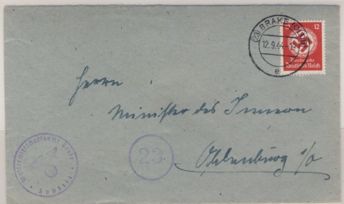 DR - 12 Hkr.-Dienst, Brief (23) Brake 12.9.44 n. Oldenburg - ohne Inhalt