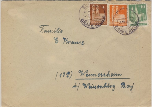 Bizone - 4+6+10 Pfg. Bauten, Brief Schney über Brake - Weimersheim 1948