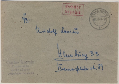 Bizone - Gebühr bezahlt, roter Ra2 a. Brief Brake - Hamburg 11.9.48 - o. Inhalt