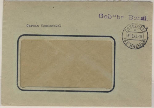All.Bes. - Gebühr bezahlt, viol. L1 a. Brief Drentwede (Bz. Bremen) 31.8.45