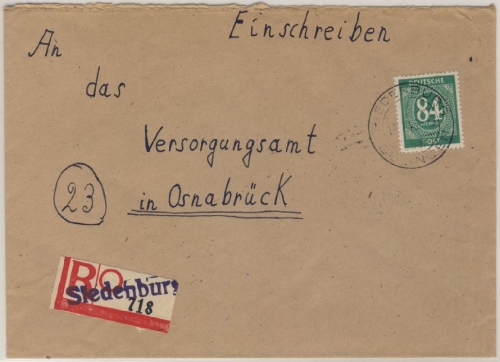 Kontrollrat - 84 Pfg. Ziffer, Einschreibebrief Siedenburg - Osnabrück 1946, ohne