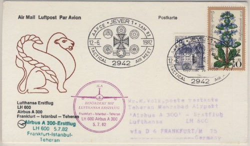 BRD - Jever 1982, SST TAM82, LupoKarte/Zultg. 1st-Flug Frankfurt - Teheran LH600