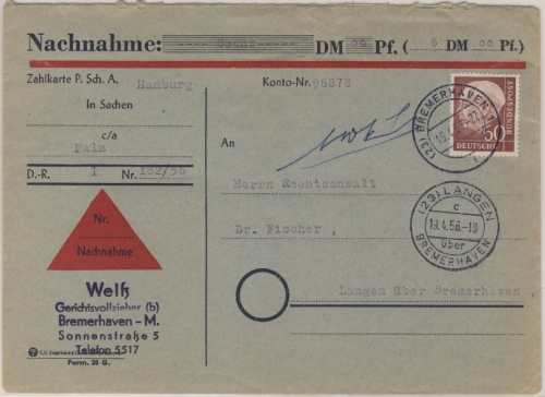 BRD - 560 Pfg. Heuss I, Nachnahmebrief Bremerhaven 1 - Langen 1956 - ohne Inhalt