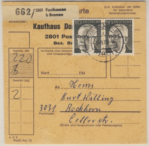 BRD - 2x110 Pfg. Heinemann, Paketkarte Posthausen b. Bremen - Bockhorn 1973