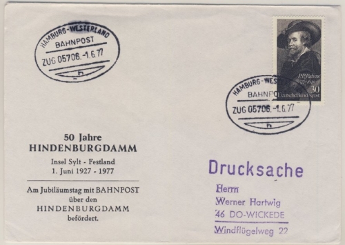 BRD - Bahnpost Hamburg-Westerland, Zug 05706, Sonderkuvert 50 J. Hindenburgdamm