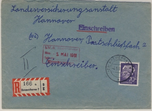 BRD - 70 Pfg. Heuss II, Einschreibebrief Bremerhaven 7 - Hannover 1961