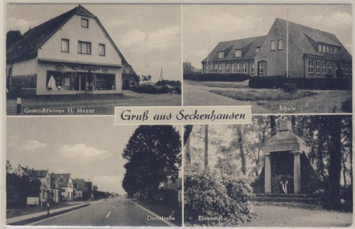 Seckenhausen - Merhbild-sw-Fotokarte/Gemischtwaren, Schule, Dorfstraße, Ehrenmal