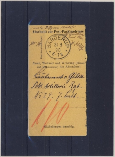 DR - Barderup 1890, K1 a. Einl.abschnitt f. Paket/militär. Absender