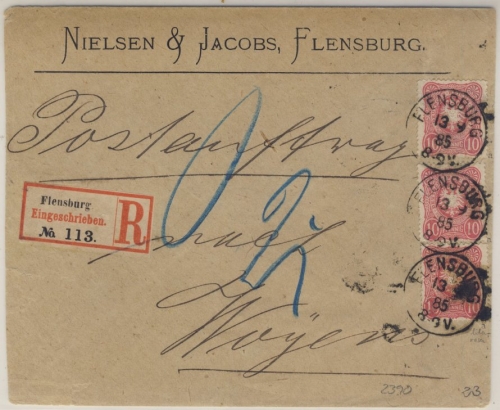 DR - 3x10 Pfg., R-Postauftrag Flensburg - Woyens 1885 - ohne Inhalt - gepr.