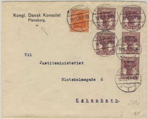 DR - 10+5x15 Pfg. Germania, Konsulatsbrief n. DÄNEMARK, Flensburg - Kopenhagen