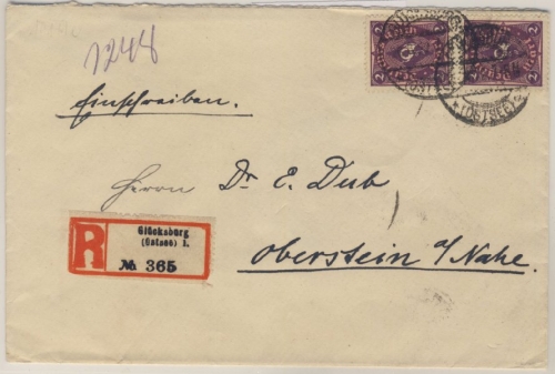 DR-Infla - 2x2 M. Posthorn, Einschreibebrief Glücksburg - Oberstein 1922