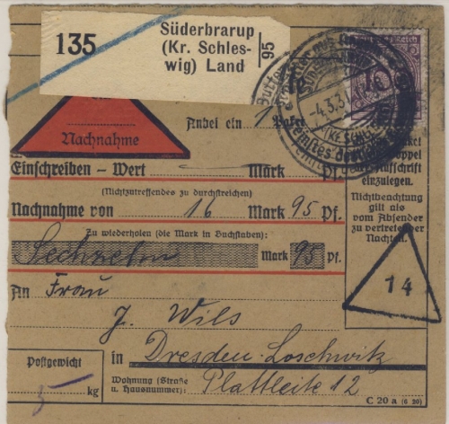 DR - 100 Pfg. Korbdeckel, Nachnahme-Paketkarte Süderbrarup Land - Dresden 1931