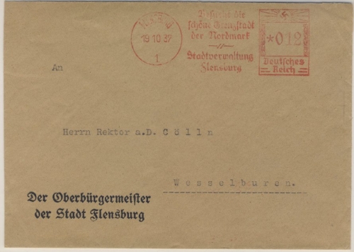 DR - Flensburg 1937, 12 Pfg. AFS "Stadtverwaltung", Brief n. Wesselburen