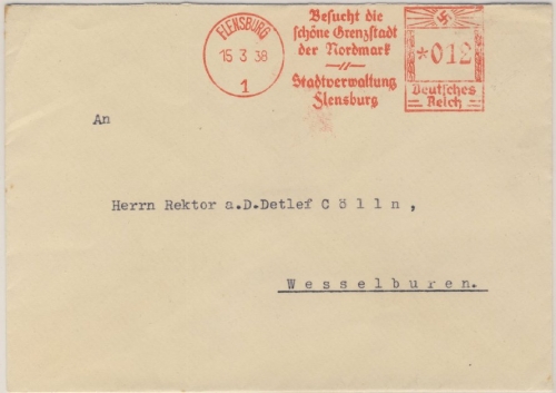 DR - Flensburg 1938, 12 Pfg. AFS "Stadtverwaltung", Brief n. Wesselburen