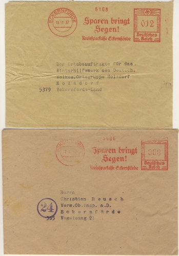 DR - Eckernförde 1936/45, 8+12 Pfg. AFS "Kreissparkasse", 1x Ortsbrief, 1x Fern-