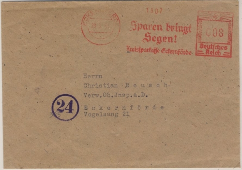 DR - Eckernförde 1945, 8 Pfg. AFS "Kreissparkasse", Ortsbrief 29.3.45