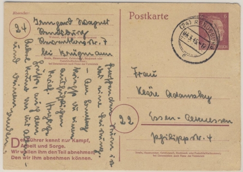 DR - (24) Rendsburg, PLZ-Stempel a. 6 Pfg. GA-Karte n. Essen 4.3.45