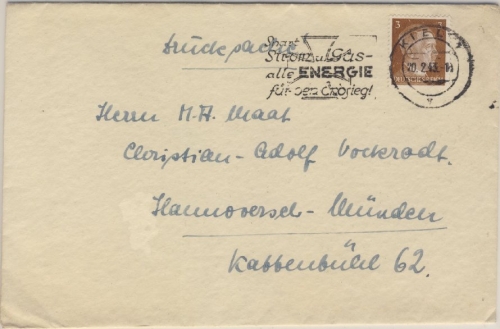 DR - Kiel 1943, "Spart Strom und Gas...", Serienstpl. a. Drucksachenbrief n.