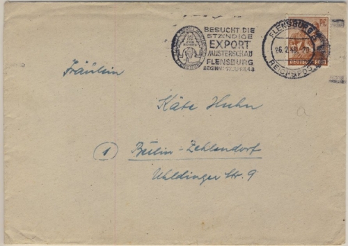 Kontrollrat - Flensburg 3 Reichspost, "Export-Musterschau ...April 48", Brief n.