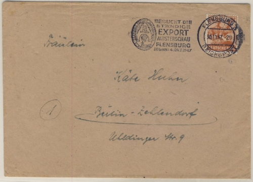 Kontrollrat - Flensburg 3 Reichspost, "Export-Musterschau ...Okt 1947", Brief n.