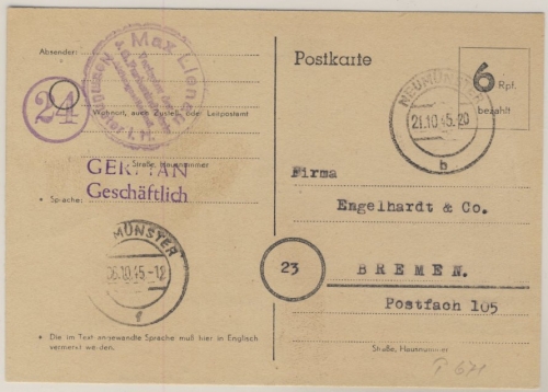 All.Bes. - 6 Pfg. Aushilfs-GA-Karte, Ausgabe Neumünster 6.10.45, verw. 21.10.45