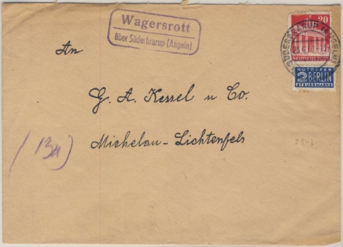 BRD - Wagersrott über Süderbrarup (Angeln), Landpost-Ra2 a. Brief n. Michelau