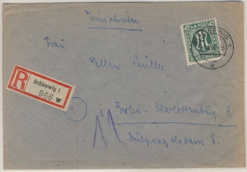 AM-Post - 42 Pfg. Einschreibebrief, Schleswig - Berlin 1946 - ohne Inhalt