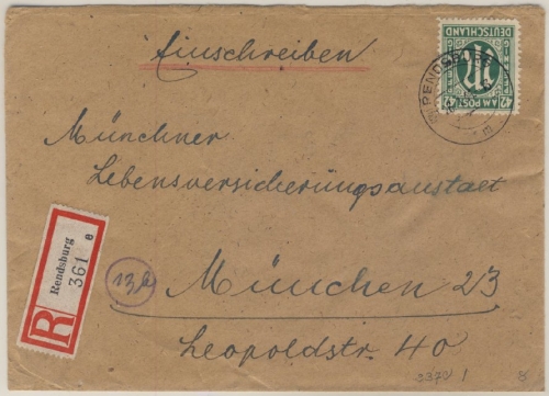 AM-Post - 42 Pfg. Einschreibebrief Rendsburg - München 1946 - ohne Inhalt