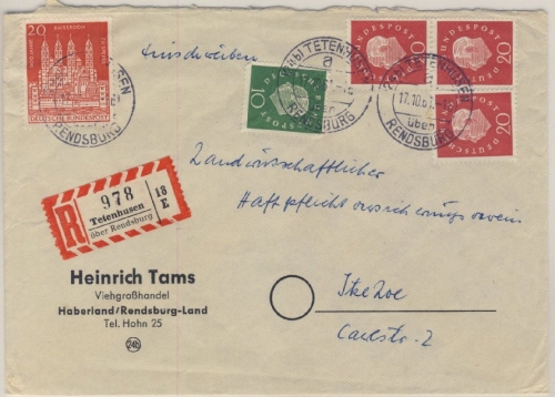 BRD - Tetenhusen über Rendsburg, Einschreiebrief n. Itzehoe 1961 - ohne Inhalt