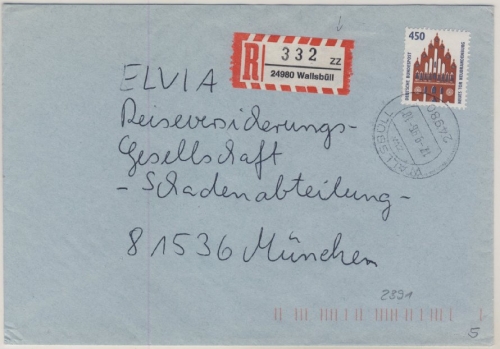 BRD - 450 Pfg. SWK, Einschreibebrief Wallsbüll - München 1996 - ohne Inhalt