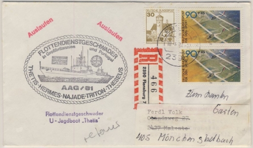 BRD - Flensburg 1981, Einschreibebrief n. Mönchengladbach, Marine-Cachet AAG/81