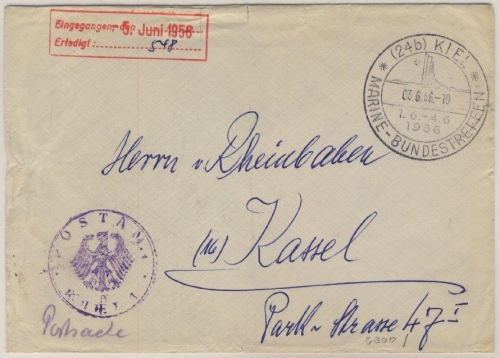 BRD - (24b) Kiel * Marine-Bundes-Treffen 1956, SST a. Postache/Brief n. Kassel