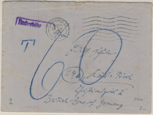 England/BRD - Unfrankierter Brief/Nachporto Cambridge - Kiel-Friedrichsort 1949