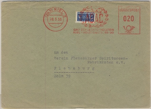 BRD - 20 Pfg. AFS "ADAC Gau Schleswig-Holstein", Brief Kiel 2 - Flensburg 1953"