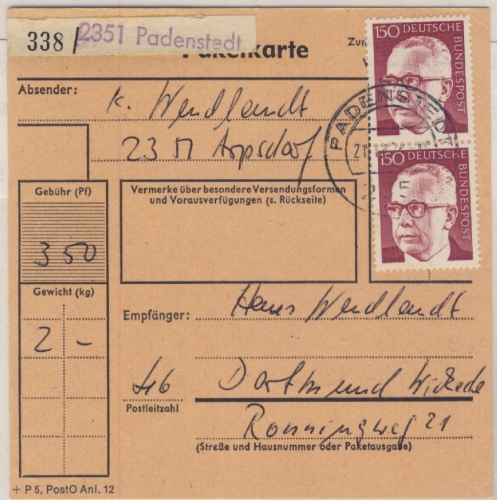 BRD - 2351 Padenstedt, Aushilfs-Paketzettel, Paketkarte n. Dortmund 1974
