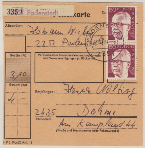 BRD - 2351 Padenstedt, Aushilfs-Paketzettel, Paketkarte n. Dortmund 1974
