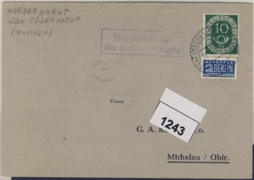 BRD - Norderbrarup über Süderbrarup (Angeln), Landpost-Ra2 a. Karte n. Michelau
