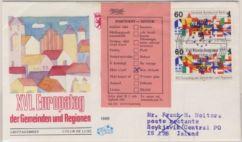 Berlin - 2x60 Pfg. Europatag, Schmuck-FDC + ESST n. ISLAND 1986