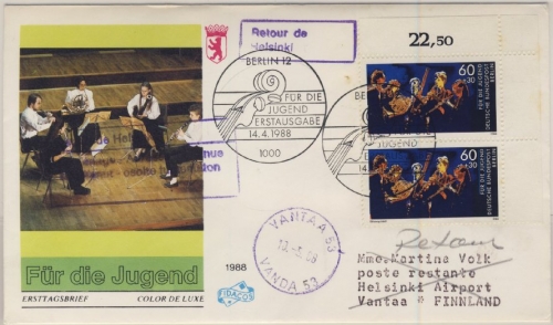 Berlin - 2x60 Pfg. Jugend (Jugend musiziert), Schmuck-FDC n. FINNLAND 1988