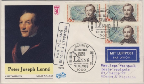 Berlin - 3x60 Pfg. Lenne, Lupo-Schmuck-FDC n. St. Pierre & Miquelon (!) 1989