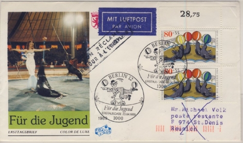 Berlin - 2x80 Pfg. Jugend (Zirkus) Bogenecke, Lupo-Schmuck-FDC n. REUNION (!)