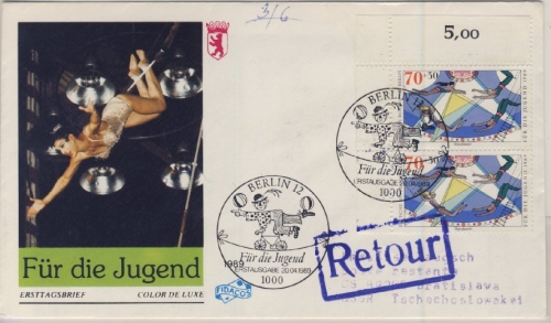 Berlin - 2x70 Pfg. Jugend (Zirkus) Bogenecke, Schmuck-FDC i.d. CSSR 1989