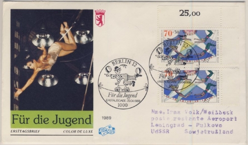 Berlin - 2x70 Pfg. Jugend (Zirkus) Bogenecke, Schmuck-FDC i.d. UdSSR 1989