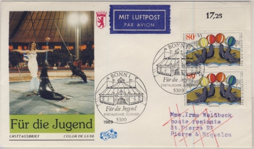 Berlin - 2x80 Pfg. Jugend (Zirkus), Lupo-Schmuck-FDC n. St. Pierre & Miquelon
