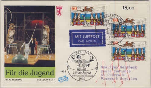 Berlin - 3x60 Pfg. Jugend (Zirkus), Lupo-Schmuck-FDC n. St. Pierre & Miquelon