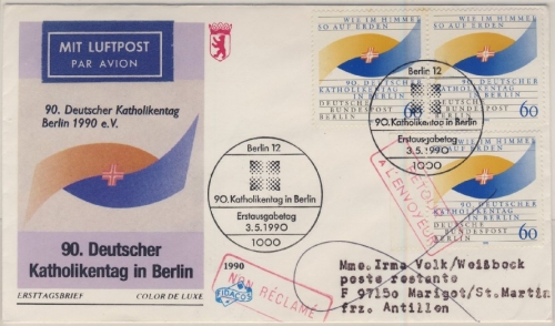 Berlin - 3x60 Pfg. Katholikentag, Schmuck-FDC n. FRANZ. ANTILLEN (!!) 1990